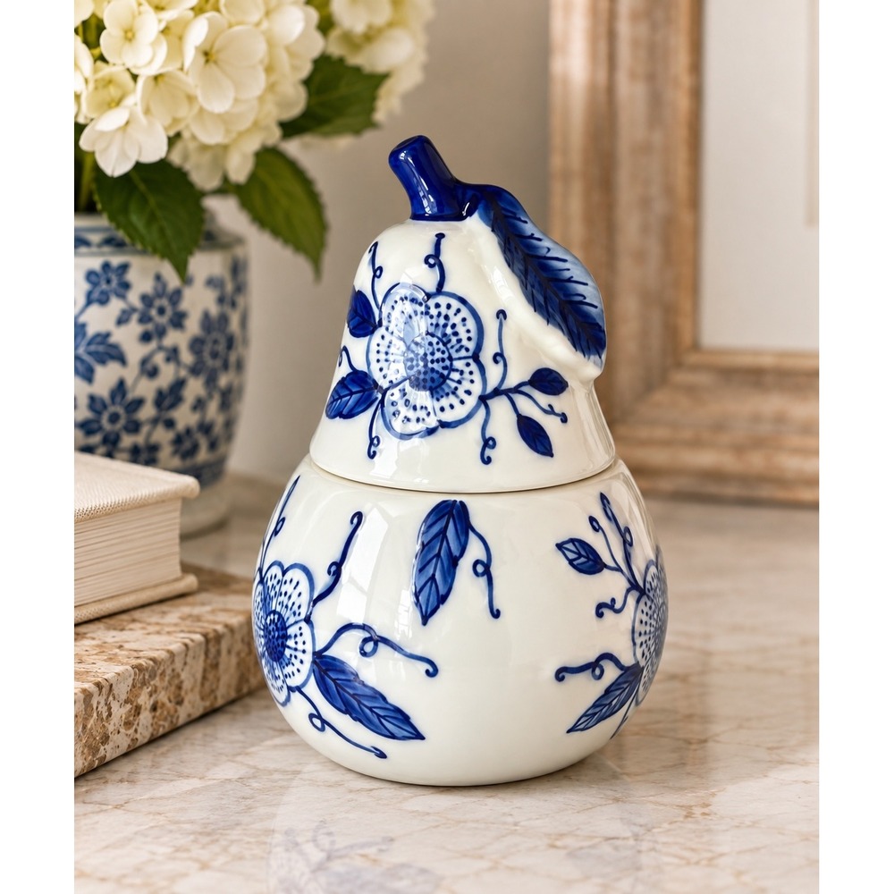 Vintage Bombay Company Blue White Porcelain Pear Jar 5" Chinoiserie Floral